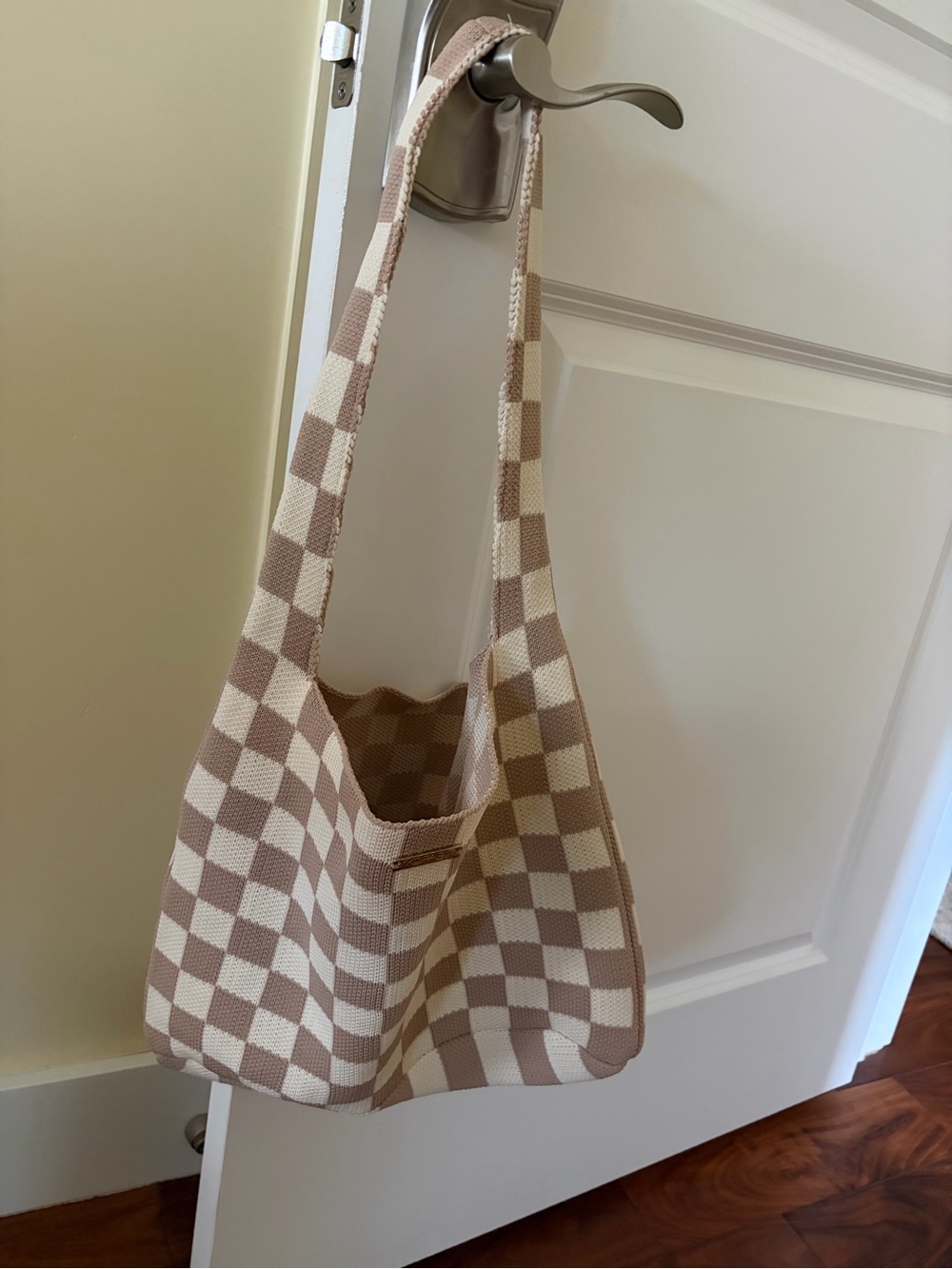 Checkerboard Knit Shoulder Bag in Cream and Taupe by Kopari